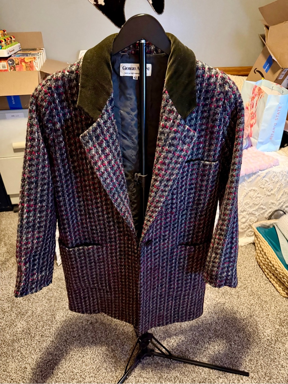Vintage Giorgio Armani Men's Wool Blend Houndstooth Overcoat - Black/Multi